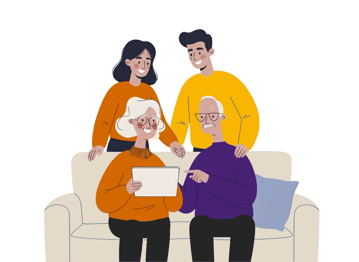 Image of a family with grandparents sitting on the sofa.